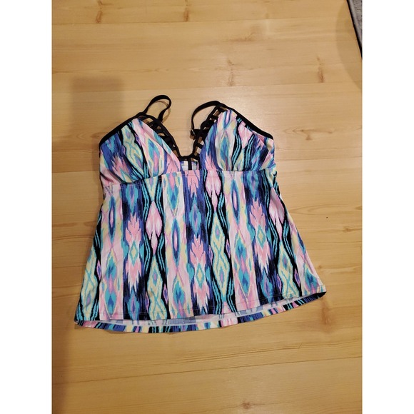 Other - Multicolor Ikat Print Strappy V-Neck Tankini Swim Top Blue Pink Geometric Size S